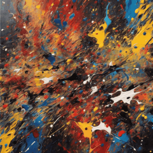 A colorful, abstract expressionist painting inspired by Jackson Pollock, featuring vibrant, dynamic splatters and drips.